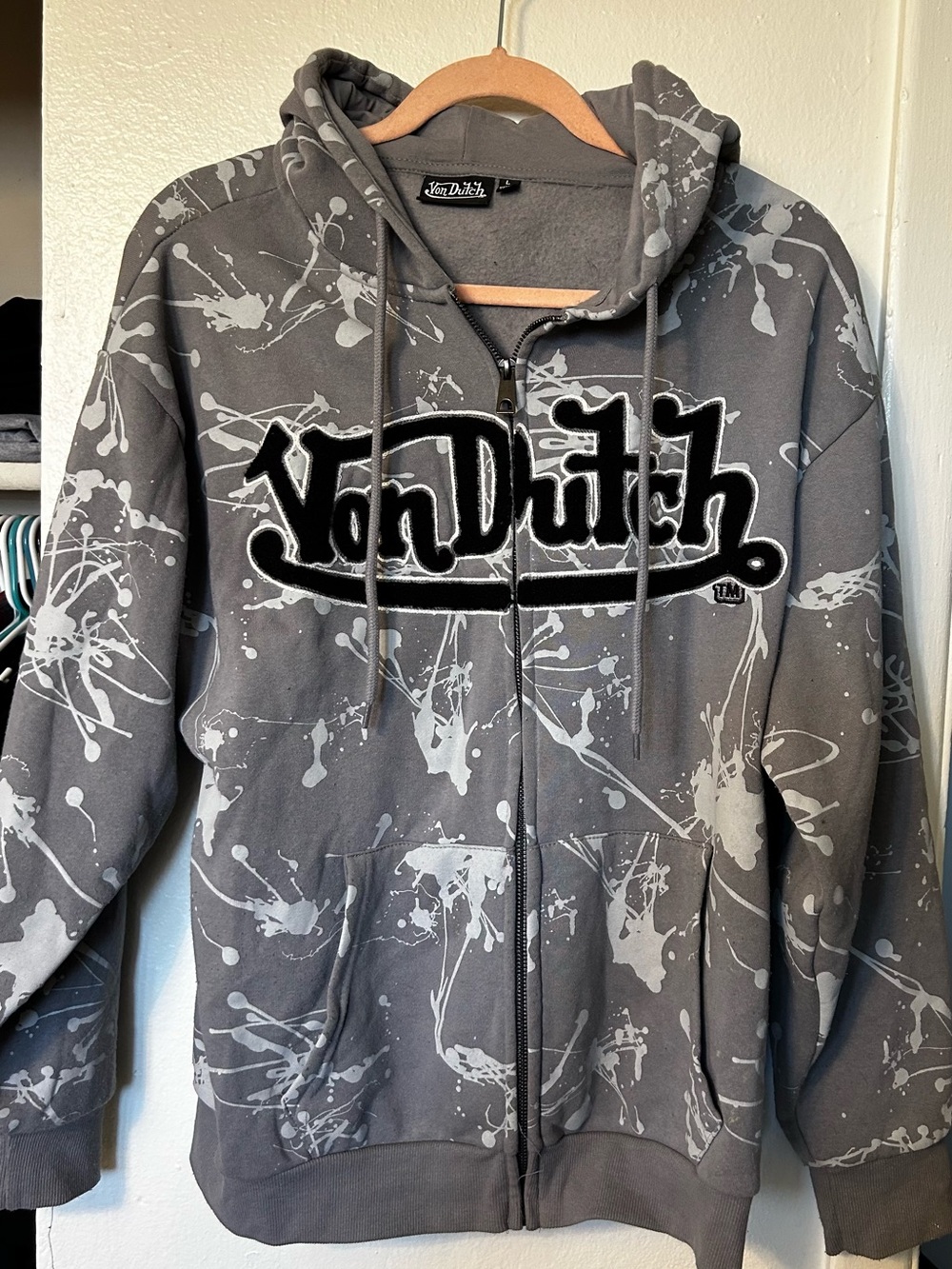 Von Dutch Gray Hooded Zip Jacket with Subtle Splatter Accent